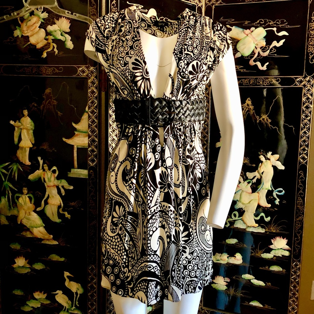 Sky silk black printed mini dress tribal belt s
